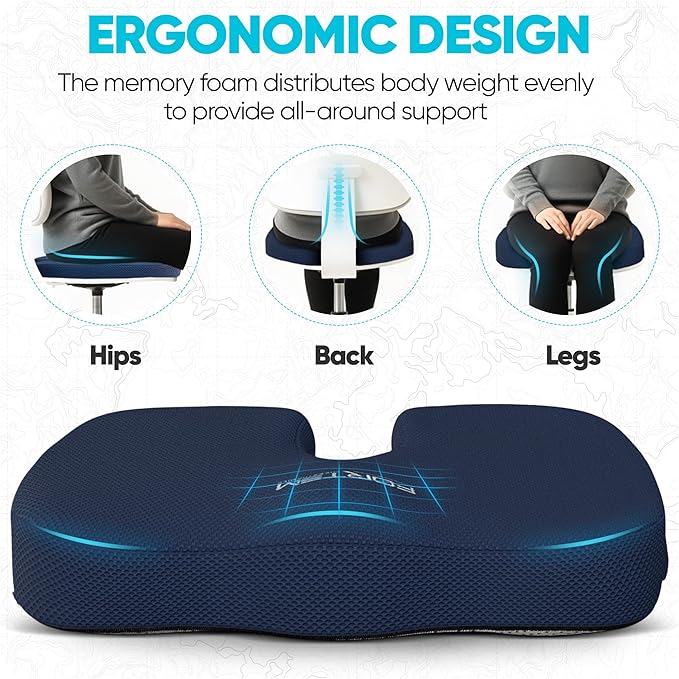 FORTEM Seat Cushion, Office Chair Cushion, Desk Chair Memory Foam, Sciatica Coccyx Tailbone Pain Relief, Pressure Relief, Sitting Pad, for Long Gaming & Sitting, Washable Cover, Non Slip, XL