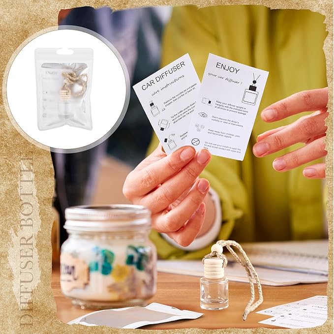 Boao 200 Sets Hanging Car Air Freshener Diffuser Bottles with Instruction Card and 4 x 6'' Resealable Holographic Bag for Empty Car Essential Oil Perfume Bottles Packaging (Cylinder)