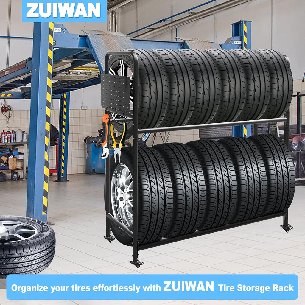 Rolling Tire Rack for Garage, Adjustable Metal Tire Rack with Foldable Heavy-Duty Hole Board, 4 Self-Locking Swivel Casters, 59” Height, 660 Pound Capacity