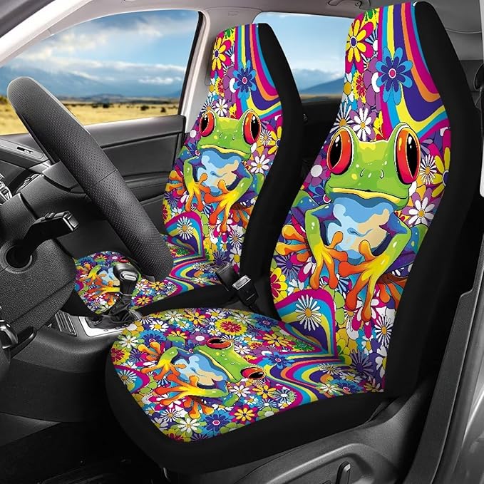 KEIAHUAN Frog Hippie Flower Car Seat Cover for Women 4 Piece Stretchy Front and Back Seat Covers Auto Interior Accessories Universal Fit for SUV Sedan and Truck