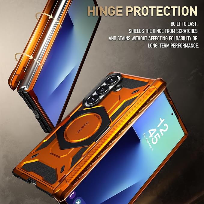 Poetic Spartan for Samsung Galaxy Z Fold 7 Case, [Hinge Protection][Magnetic Ring Adjustable Stand][Built-in Screen Protector][Compatible with MagSafe] Full-Body Rugged Phone Case, Metallic Orange