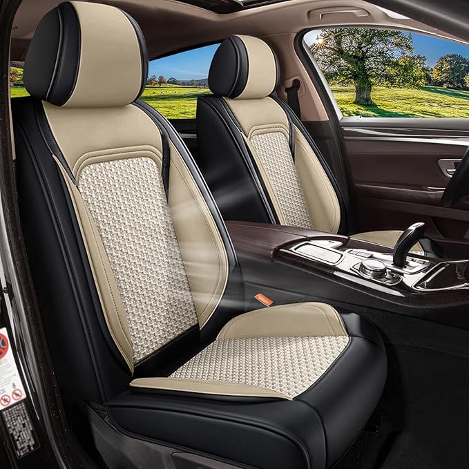 Car Seat Covers Full Set for Toyota Venza 2009-2021: Breathable Cool Ice Silk Leather Seat Covers (Black & Beige)
