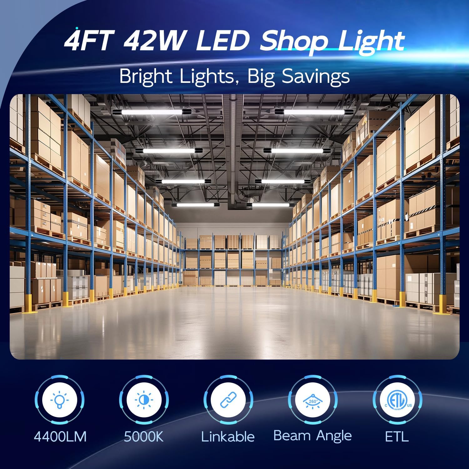 hykolity 10 Pack 4FT Linkable LED Shop Light, Utility Shop Light Fixture, 4400lm, 42W [250W Equivalent], 5000K Daylight Shop Lights for Garage, Hanging or Surface Mount, with Power Cord, ETL, Black