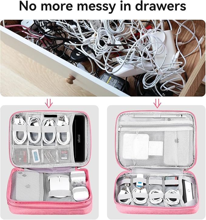 DDgro Electronic Cable Organizer Bag, Large Travel Cord Storage Case for Charger, Power Bank, Cables & Tech Accessories (Large, Dark Pink)