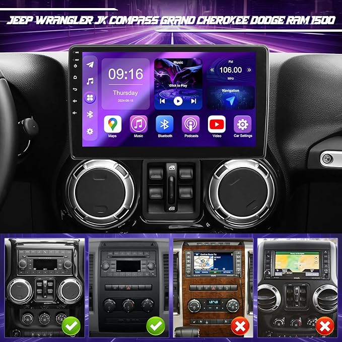 Leadfan Car Radio for Jeep Wrangler JK 2007-2018 Dodge RAM 1500 2500 3500 Wireless CarPlay Android Auto, 10.1inch Touch Screen for Dodge Grand Caravan Car Stereo GPS Navi Bluetooth FM SWC+Rear Camera