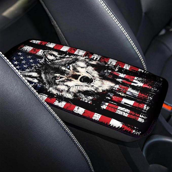 Wolf American Flag Print Center Console Armrest Cover for Car,Armrest Cushion Cover Pad, Auto Interior Accessories Universal Fit