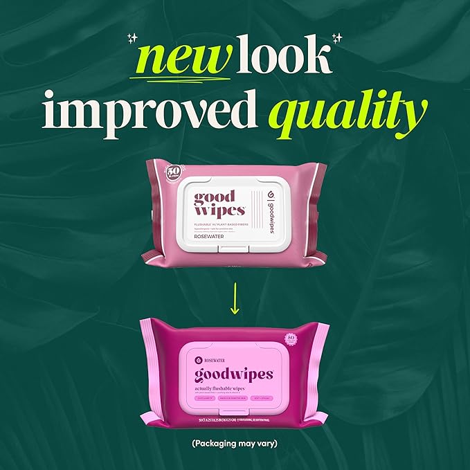goodwipes Flushable Butt Wipes - Extra Large Adult Wet Wipes For Women & Men - Bathroom Essentials - Sewer & Septic Safe - Rosewater, 418 Count (8 Packs + 1 Travel)