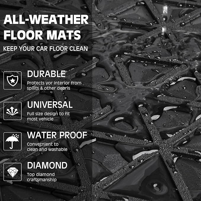 CAR PASS Bling Diamond Car Mats Rubber Floor Mats Full Set Anti-Slip 3D Rhombus Waterproof Trim to Fit Liner Universal Glitter Crystal Sparkly Shining Rhinestone Girl Women SUV Sedan, Black Diamond