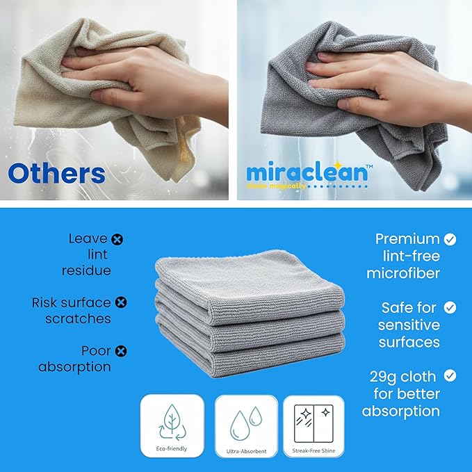 Microfiber Cleaning Cloth Grey 12 Pack Premium Microfiber Towels for Cars, Lint Free, Scratch-Free, Highly Absorbent, Reusable Cleaning Rags for Car, 320 GSM Household, Kitchen, Window, 12" x 12"