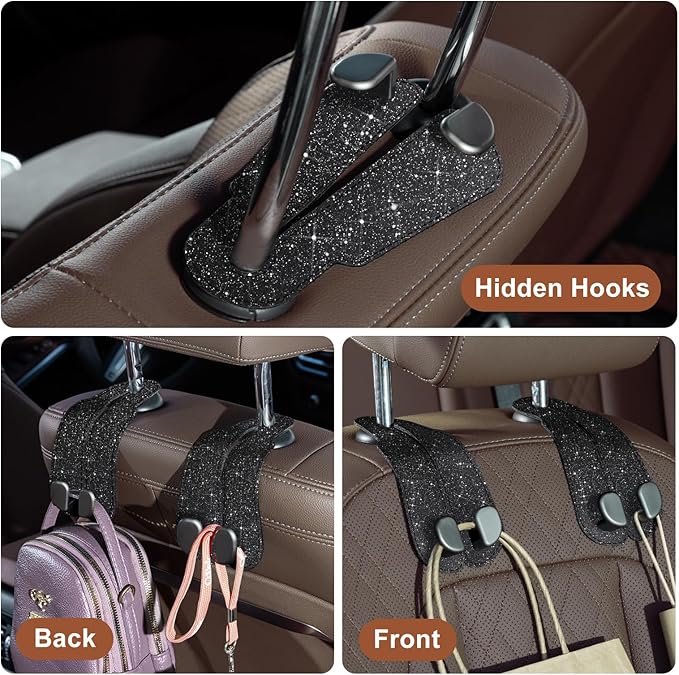 CoBak Purse Hook for Car - Universal Premium Stitched Leather and Aluminum-Magnesium Alloy Double Car Seat Back Storage Hook for Purses, Handbags, Bags (2 Pack),Glitter Black
