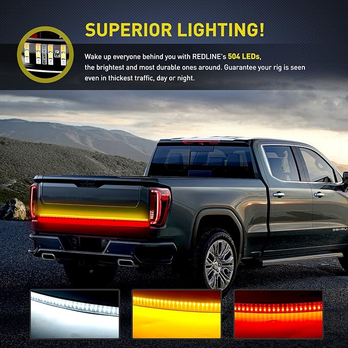 Nilight TR-03 60" Triple 504 LEDs Truck Tailgate Side Bed Light Bar Strip Sequential Amber Brake Running Turn Signal Red/White Reverse