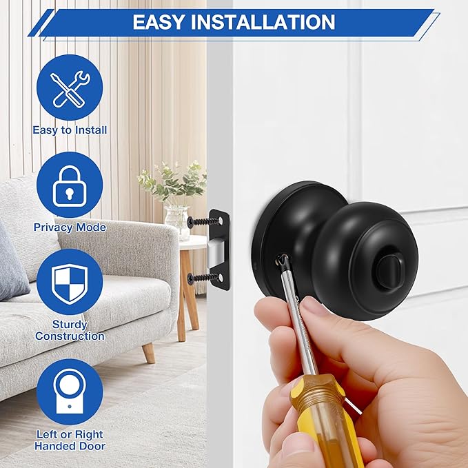 Plustool 5 Pack Matte Black Door Knobs, Privacy Door Knob with Lock, Interior Doorknobs with Round Ball, Keyless Door Lockset for Bedrooms Bathrooms