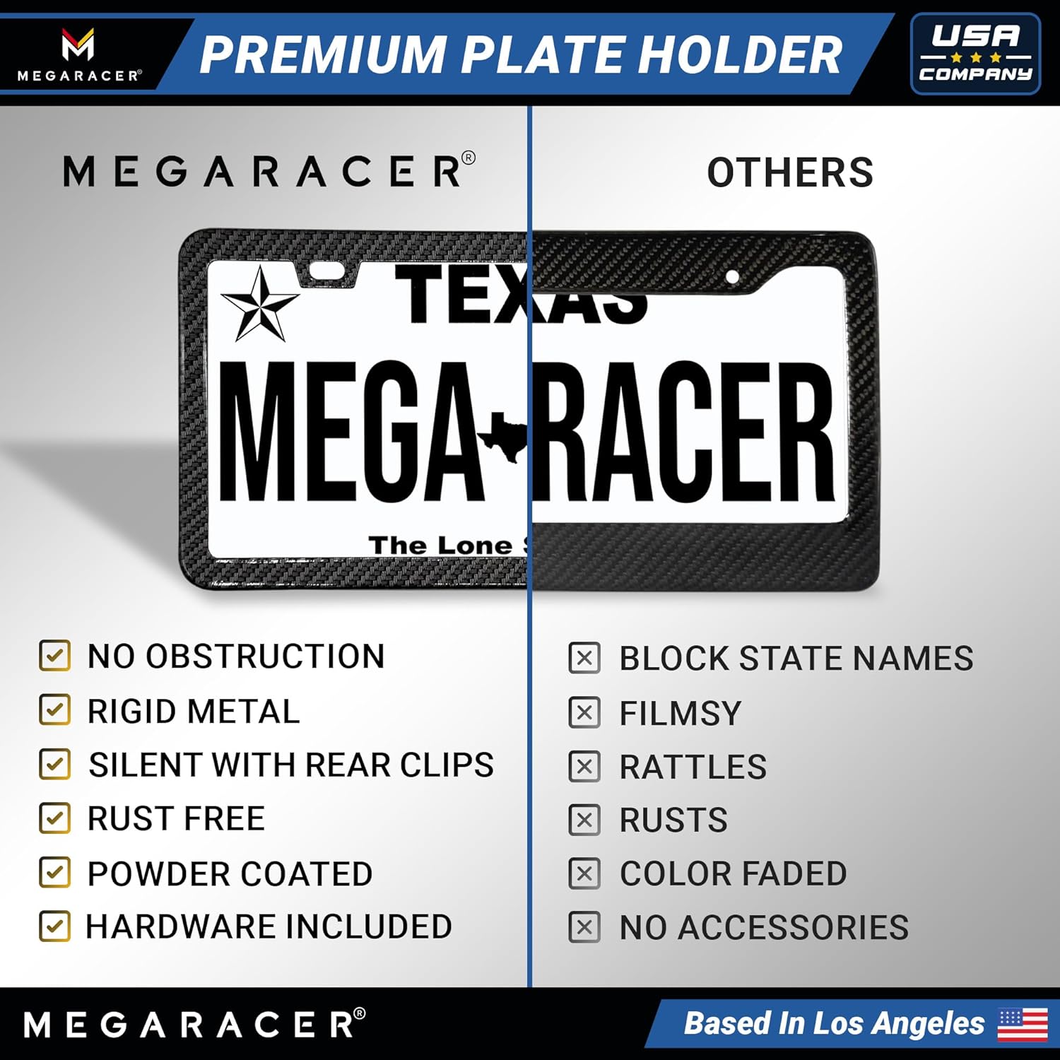 Premium Slim Carbon Fiber Design License Plate Frame – 1 Pack, Rust-Free Stainless Steel & Rattle-Free, Street Legal, Universal with Screw Caps Cover, Thin Metal Front or Rear Car Tag Holders for Men