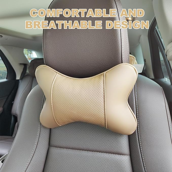 2 Pack Car Neck Pillow PU Leather Automotive Headrest Pillow for Car Support Neck Pain Relief Universal Car Pillow (Beige)