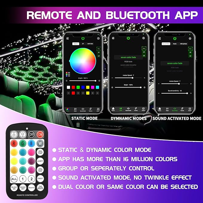 ATOKEE 32W Dual Color Starlight Headliner Kit, Sound Activated Fiber Optic Star Roof Lights with APP/Remote Control, 800pcs 0.03in 9.8ft