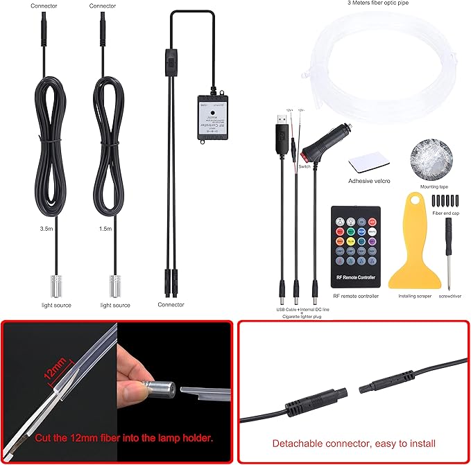 3 Meters Optic Fiber Car Ambient Lighting with RF Remote Control 8 Colors Multicoloured Music Interior Lighting Kit DC 12V 1W