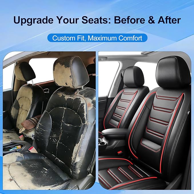 Fit Prologue Car Seat Covers (Front Pair) for Select Honda Prologue 2024-2026 - Premium Full Coverage Leather, Airbag Compatible, Waterproof & All Weather Seat Cushion Protector, Red Trim