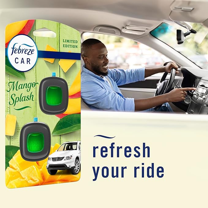 Febreze Car Air Freshener Vent Clip Multipack Mango Splash Scent, Long Lasting Smell Fighter for Strong Odors Car Febreze Clip Automotive Vent Air Freshener 4 Count