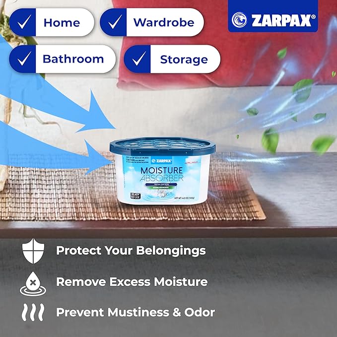 ZARPAX Moisture Absorber Fresh Cotton 6.5 oz/185g | Removes Moisture, Damp & Humidity | Odor Absorber With Fresh Cotton Fragrance | Moisture Trap for Bathroom, Closet, Kitchen | Set of 15