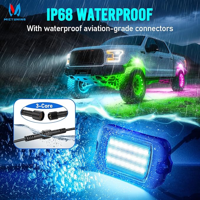 MICTUNING Q1+ MAX 8 Pods Ultra-Bright RGB Rock Lights, Multi-Color Chasing Underglow Lighting, Extensible to 24 Pods, APP Music Sync & DIY Effects, IP68 Waterproof