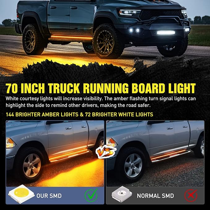Nilight Truck LED Running Board Lights 2PCS 70 Inch LED Side Maker Light with 216 LEDs White Courtesy Light & Sequential Amber Turn Signal Lighting Strips for Extended & Crew Cab Trucks Pickup