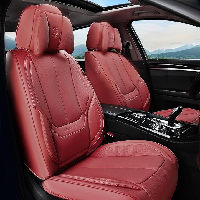 Coverado Universal Seat Covers Front, Universal Seat Covers for Cars, 2-Pack Waterproof Nappa Leather Car Seat Covers with Head Pillow, Auto Protectors Fit for Most Sedans SUV Pick-up Truck-Red