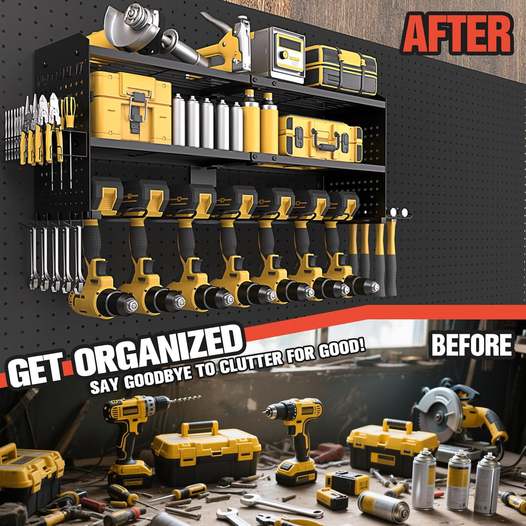 Large Power Tool Organizer Wall Mount, 3-Tier Heavy Duty Metal Loads 260 lbs, 7 Cordless Drill Holder Garage Tool Storage Rack, Utility Shelf for Workshop Shed Basement, Gifts for Men Dad Christmas