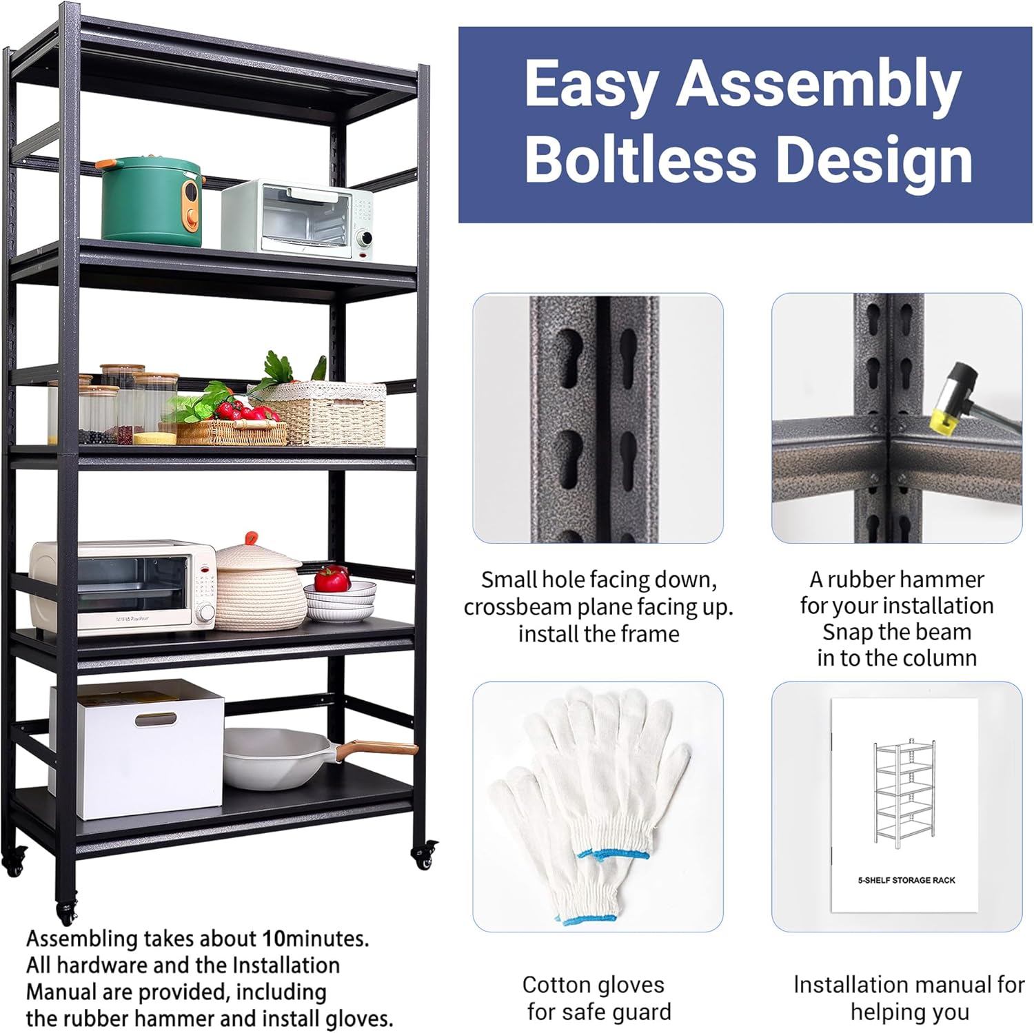 TOPKEY Metal Storage Shelf Garage Storage Shelves, Heavy Duty 5-Tier Utility Shelves for Kitchen, Warehouse, Pantry Shelves with Wheels, 72" H Adjustable Basement Storage Rack, Load 1750LBS