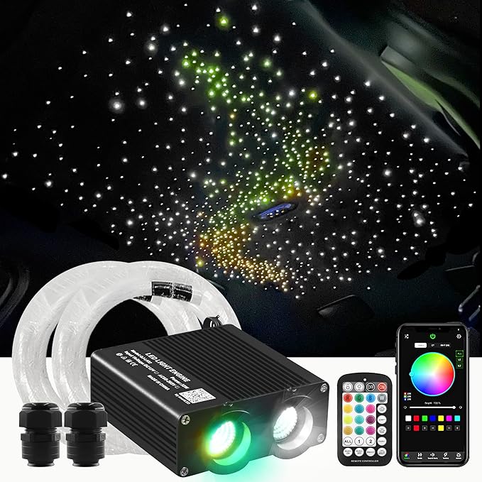 ATOKEE 32W Dual Color Starlight Headliner Kit, Sound Activated Fiber Optic Star Roof Lights with APP/Remote Control, 750pcs*(0.03+0.04+0.06in)*9.8ft