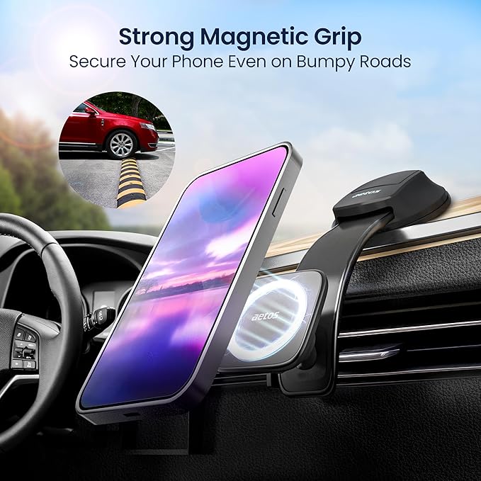aetos for iPhone MagSafe Car Mount Magnetic Phone Holder with Adhesive Suction Base, Fits iPhone 17/16/15/14 Pro/Plus/Max and Android Phones with Ring Adaptor, Ideal for Dashboard and Windshield