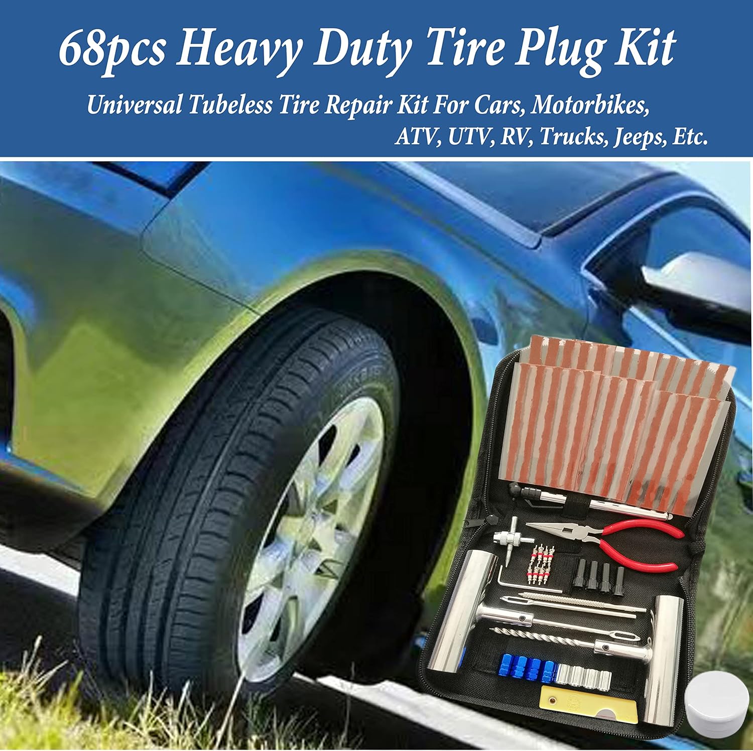 Tire Repair Kit, 68pcs Heavy Duty Tire Plug Kit, Universal Tire Repair Tools Flat Tire Puncture Repair for Car, Motorcycle, Truck, SUV, RV, ATV, Tractor, Trailer Fix Punctures and Plug Flats Patch Kit