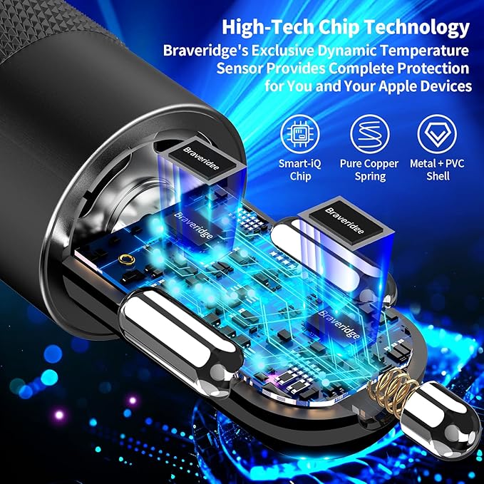[Apple MFi Certified] iPhone 17 Car Charger Fast Charging, Braveridge 4.8A USB Power Cigarette Lighter USB-C Car Charge + 6FT Type-C Coiled Cord for iPhone 17/17 Pro Max/16 Pro/15/Galaxy S26/S25/Pixel