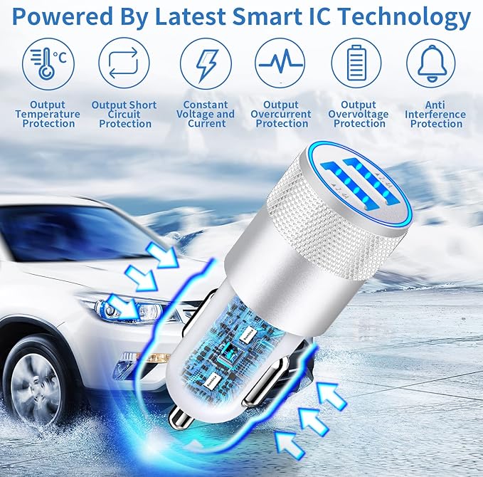 【MFi Certified】iPhone Car Charger Fast Charging, Rombica 4.8A Dual USB Smart Power Cigarette Lighter USB Car Charger with 2Pack Lightning Cable for iPhone 14 13 12 11 Pro XS Max XR SE X 8 iPad AirPods