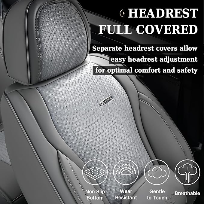 Coverado Car Seat Covers Full Set, Gray Seat Covers for Cars, Waterproof Nappa Leather Automotive Seat Covers with Lumbar Head Pillow, Car Seat Protectors, Universal Fit for Most Cars SUV