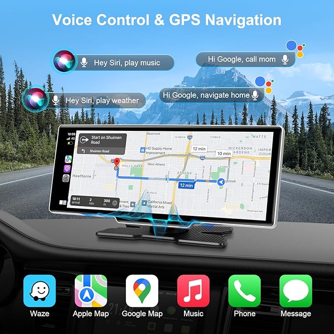 10.26" Wireless Carplay Screen for Car with 4K Dash Cam | Portable Car Play & Android Auto Touch Screen, 1080p Backup Camera, Mirror Link, Voice Control, GPS Navigation | for All Cars