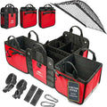 XL Trunk Organizer 4-Section Modular System – Extra Large Car Cargo Storage, Foldable Multi-Compartment Bin for Groceries, Gear & Travel – High-Density Structure – Red