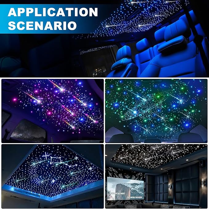 4 Colors 32W Twinkle & Meteor Starlight Headliner Kit for Car Home, 2-in-1 Light Engine 860pcs*0.03in*13.1ft+240 RGBW Fiber Optic Cable Shooting Car Star Sky Roof Lights, Ceiling Star Lights for Car