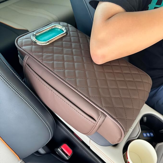 Upgraded Multi-Functional Car Center Console Cover, PU Leather Armrest Pad Cushion with Memory Foam Cushion, 2 Storage Pockets, Tissue Box Hole for Sedan Vehicles, 7 Colors (Coffee)