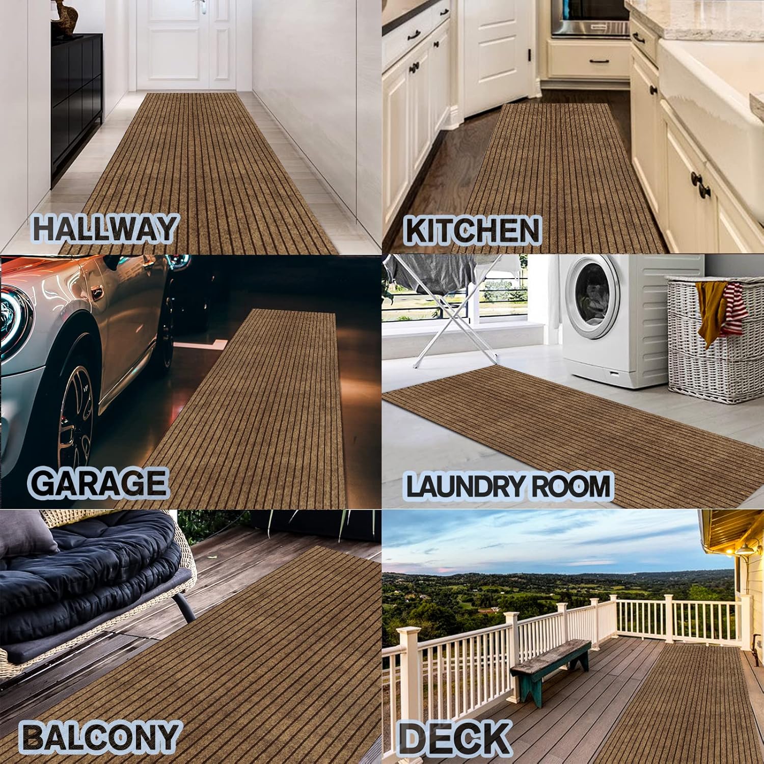 Custom Size Backed Non-Slip Area Rugs Runner, Easy Clean, Waterproof Runner Rugs for Hallway Entryway, Kitchen, Laundry, 2FT x 44FT, Brown Stripe