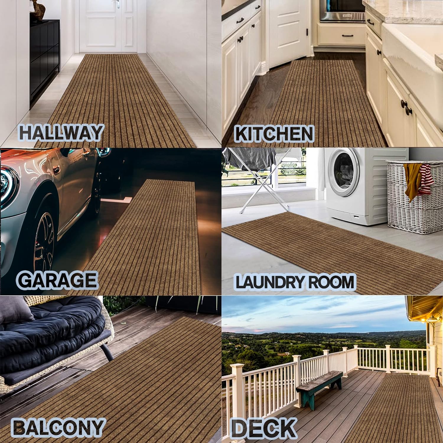 Custom Size Backed Non-Slip Area Rugs Runner, Easy Clean, Waterproof Runner Rugs for Hallway Entryway, Kitchen, Laundry, 3FT x 20FT, Brown Stripe