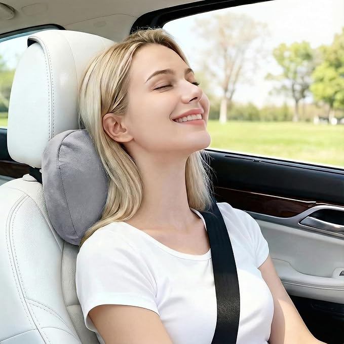 2PCS Car Pillow for Car Neck Pillow for Driving Seat Neck Support Soft Cushion Back Support Head-Rests for Vehicle Sleeping with Elastic Adjustment Strap (Grey, Head)