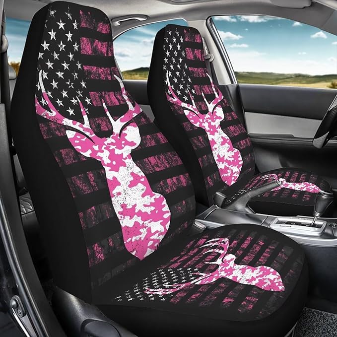 KEIAHUAN Camo Deer Hunting Car Seat Covers 4pcs Full Set Pink Front and Rear Bench Protector Fit Most Vehicle, Cars, Sedan, Truck, SUV and Van Auto Interior Accessories