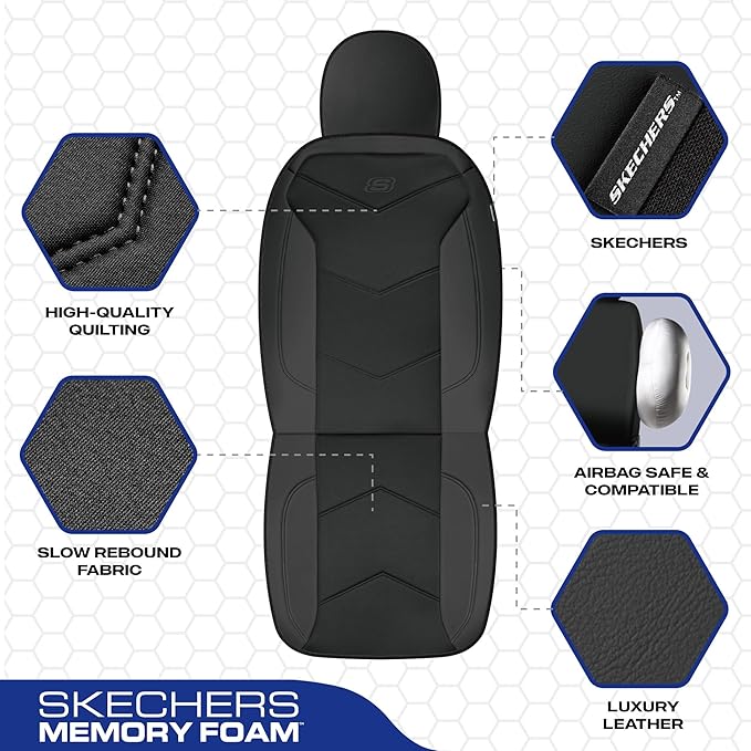 Skechers Memory Foam Seat Covers,Leather Car Seat Covers, Ultimate Comfort & Support Front Seat Covers Airbag Compatible, Automotive Universal Fit Most for SUVs, Vans, Sedans, Cars, Trucks,Black