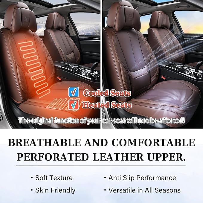 Coverado Universal Seat Covers Front, Universal Seat Covers for Cars, 2-Pack Waterproof Nappa Leather Car Seat Covers with Head Pillow, Auto Protectors Fit for Most Sedans SUV Pick-up Truck-Brown