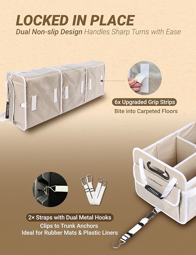 Heavy Duty Trunk Organizer with Lid for Car SUV-1680D Water-Resistant &3.5mm PP Skeleton,Collapsible Storage Box with No Sliding Metal Hooks,Fits Tesla,Truck,Sedan(XL, Cream)