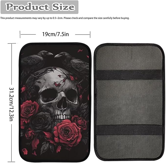 Dreaweet Red Rose Skull Arm Rest Cover for Car Women Goth Car Accessories Center Console Cushion Pad Anti Scratch Universal Armrest Cover for SUV Sedan