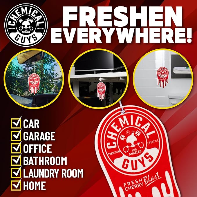 Chemical Guys Hanging Air Freshener, Fresh Cherry Scent 12 Pack, Great for Cars, Trucks, SUVs, RVs, Home, Garage, Workspace, Dorm Room & More (4 x 3 Packs) - AIR40604