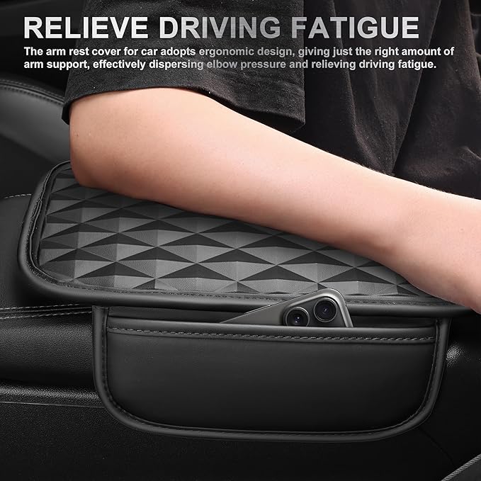 CAR PASS 3D Memory Foam Leather Car Steering Wheel Cover Set, Comfortable Rhombus Leather Center Console Armrest Cushion with Storage Bags Non-Slip 14.5-15in Car Interior Covers Sets, 4 PCS All Black