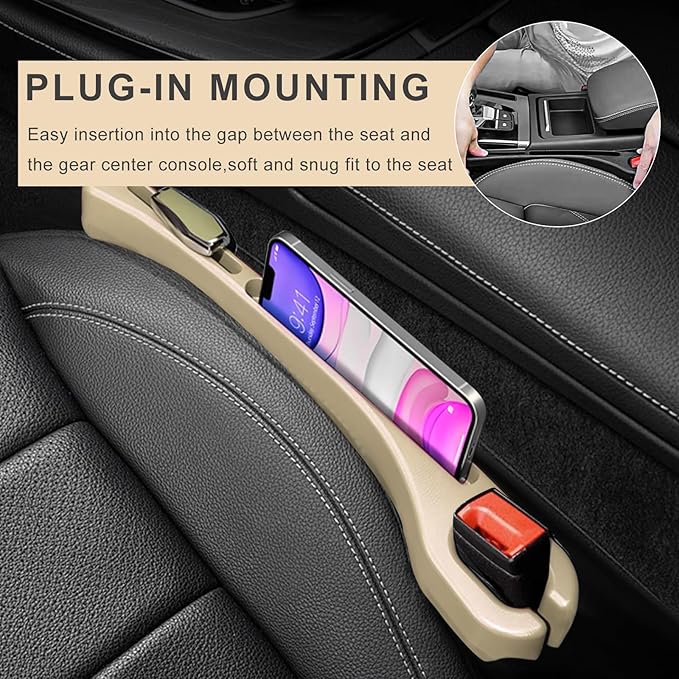 2 PCS Car Seat Gap Filler Organizer, Multifunctional Gap Fillers Between Seat and Center Console, Recessed Storage Organizer Stop Things from Dropping for Car Truck SUV (Beige)