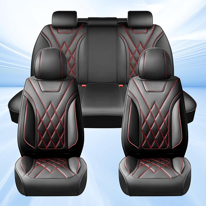Santa Fe Seat Covers Custom Fit for Hyundai Santa Fe 2007-2026 (Only 5-Seat Version) - Full Set Premium Leather, Waterproof, All-Weather, Airbag Compatible, Car Seat Protectors (Redline)